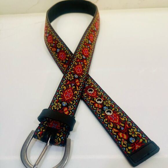 Embroidered Floral Ribbon Belt - Black with Red & Yellow Pattern
